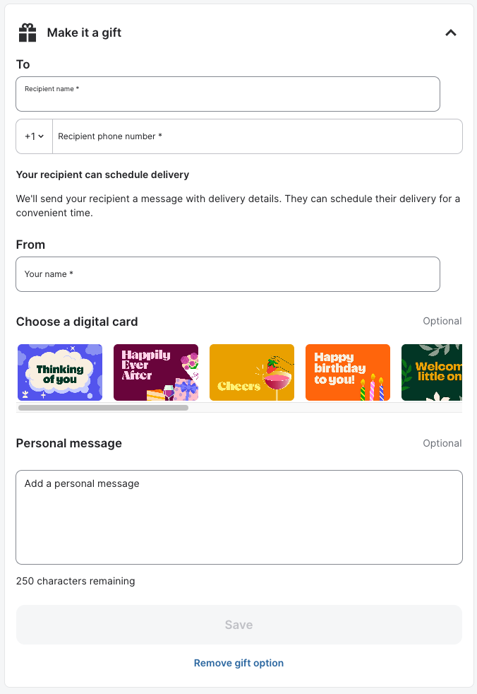 Shows the gifting section, which contains the To and From fields, the Choose a digital card option, and the Personal message field.